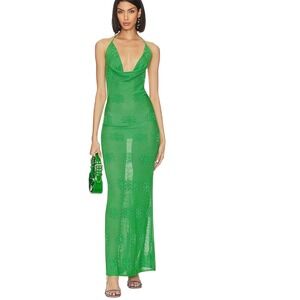 Asta Resort Klara Dress Emerald Green Floral Knit Halter Cowl Maxi Small
